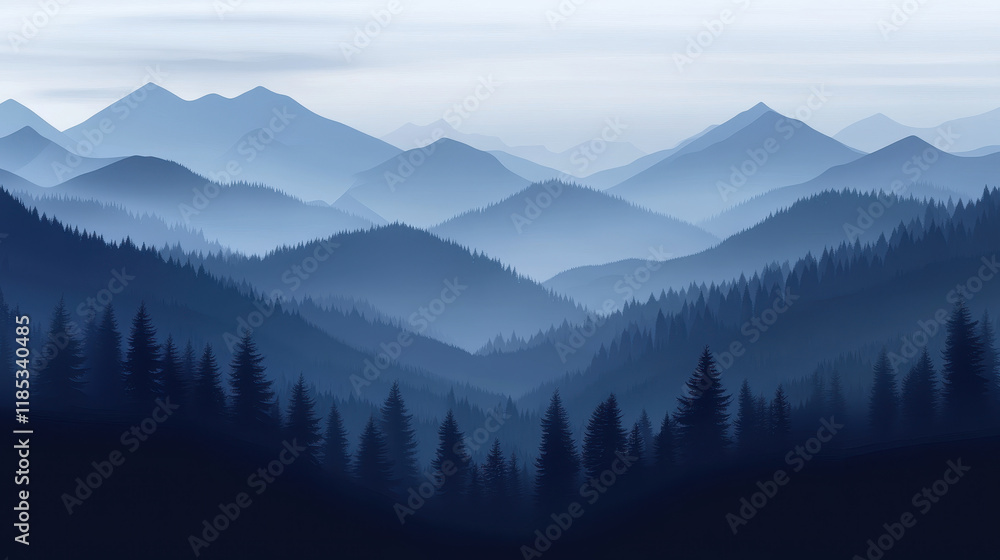 Obraz premium Serene Mountain Landscape: A breathtaking view of a misty mountain range, showcasing layers of blue and green hues as the sun peeks through the clouds.