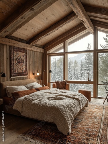 Cozy Mountain Cabin Bedroom With Stunning Winter View