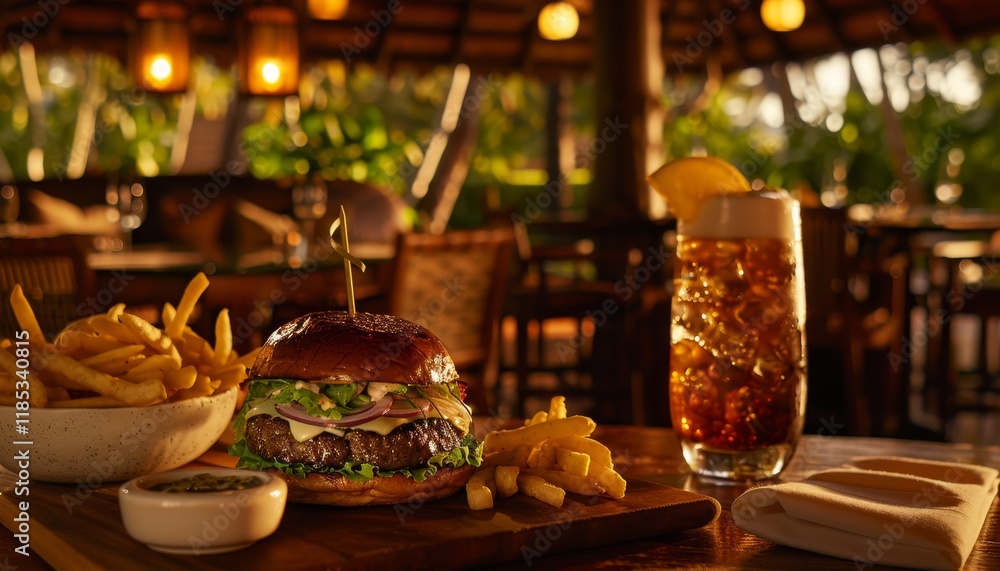 Fototapeta premium A delicious burger with fries and a refreshing iced tea on a wooden table in a tropical restaurant setting.