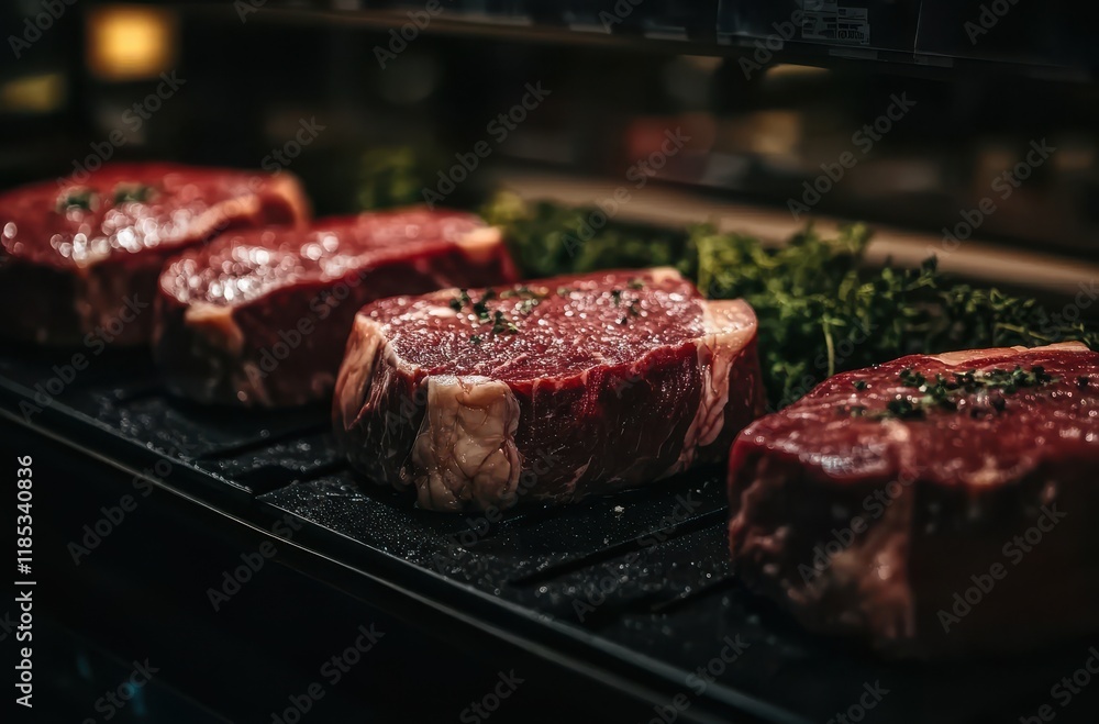 Freshly Cut Premium Steak Portions Displayed on a Wooden Board Surrounded by Fresh Herbs in a Gourmet Butcher Shop for Culinary Enthusiasts Freshly Cut Premium Steak Portions Displayed on a Wooden Board Surrounded by Fresh Herbs in a Gourmet Butcher Shop for Culinary Enthusiasts