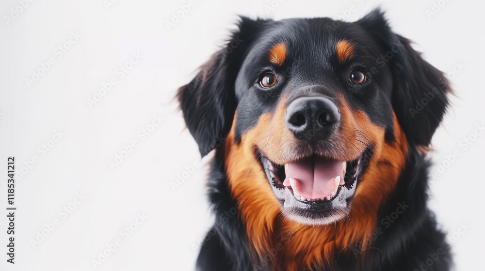 Portrait of a cheerful Rottweiler dog with a friendly expression on its face. Animal health care concept Portrait of a cheerful Rottweiler dog with a friendly expression on its face. Animal health care concept