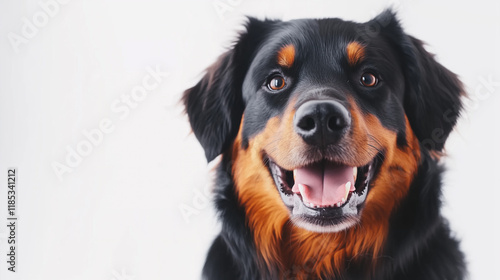 Portrait of a cheerful Rottweiler dog with a friendly expression on its face. Animal health care concept photo