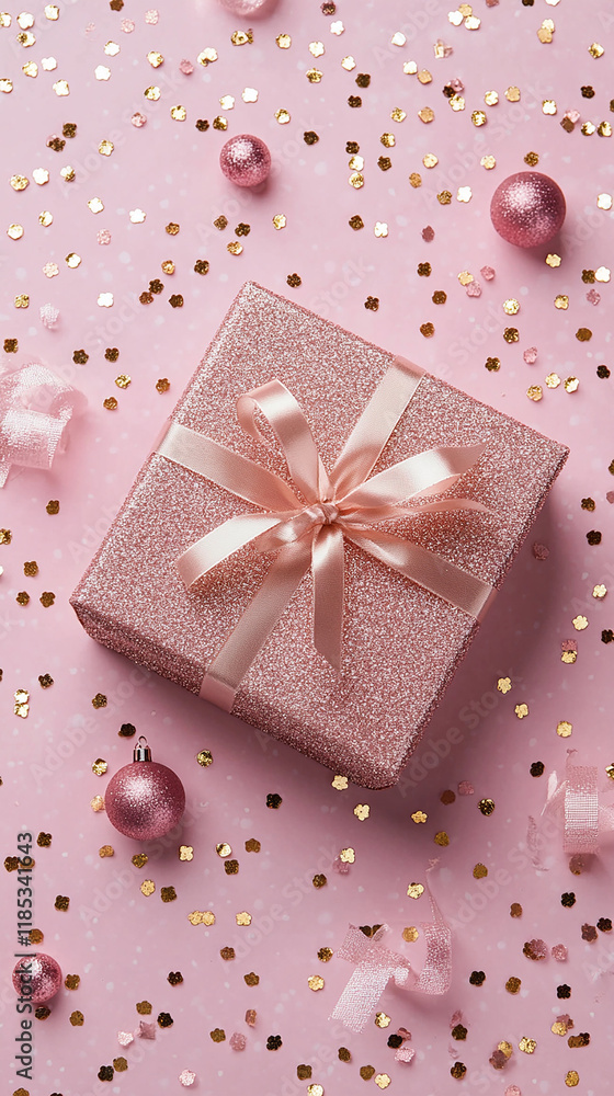 gift or present box and sequins on pink table top view gift or present box and sequins on pink table top view