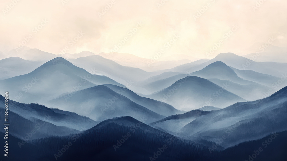 Fototapeta premium Serene Mountain Range: A breathtaking panorama of majestic mountains shrouded in a soft blue mist, capturing the essence of tranquility and solitude.