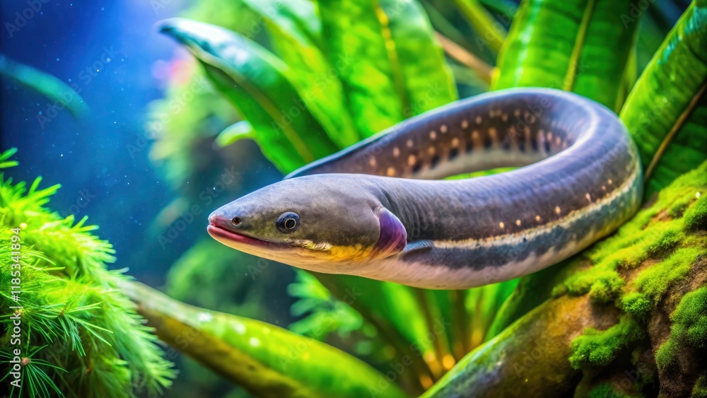 Obraz premium Aerial View of Electric Eel in Aquarium - Stunning Underwater Shots of Electrophorus Electricus with Selective Focus for Aquatic Life Enthusiasts