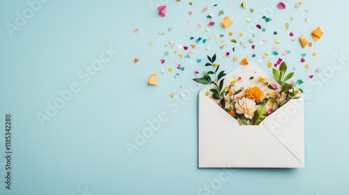 Colorful Envelope with Fresh Flowers and Confetti on Blue Background for Unique Floral Gift or Greeting Card Concept, Perfect for Celebrations and Special Occasions photo