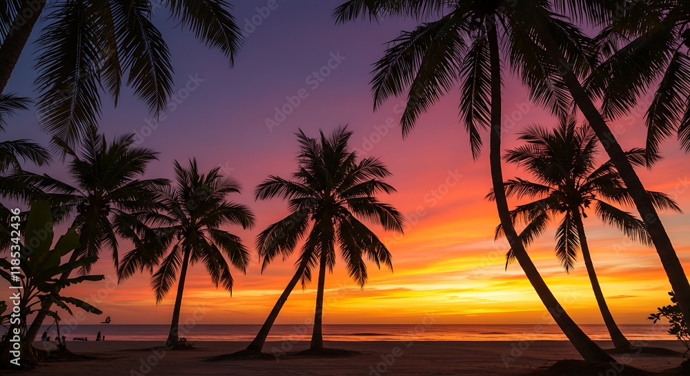 Colorful Sunset with Palm Trees on a Tropical Beach – Sunrise Over the Tropical Meridian with Banana Palm Trees and Vibrant Skies Colorful Sunset with Palm Trees on a Tropical Beach – Sunrise Over the Tropical Meridian with Banana Palm Trees and Vibrant Skies