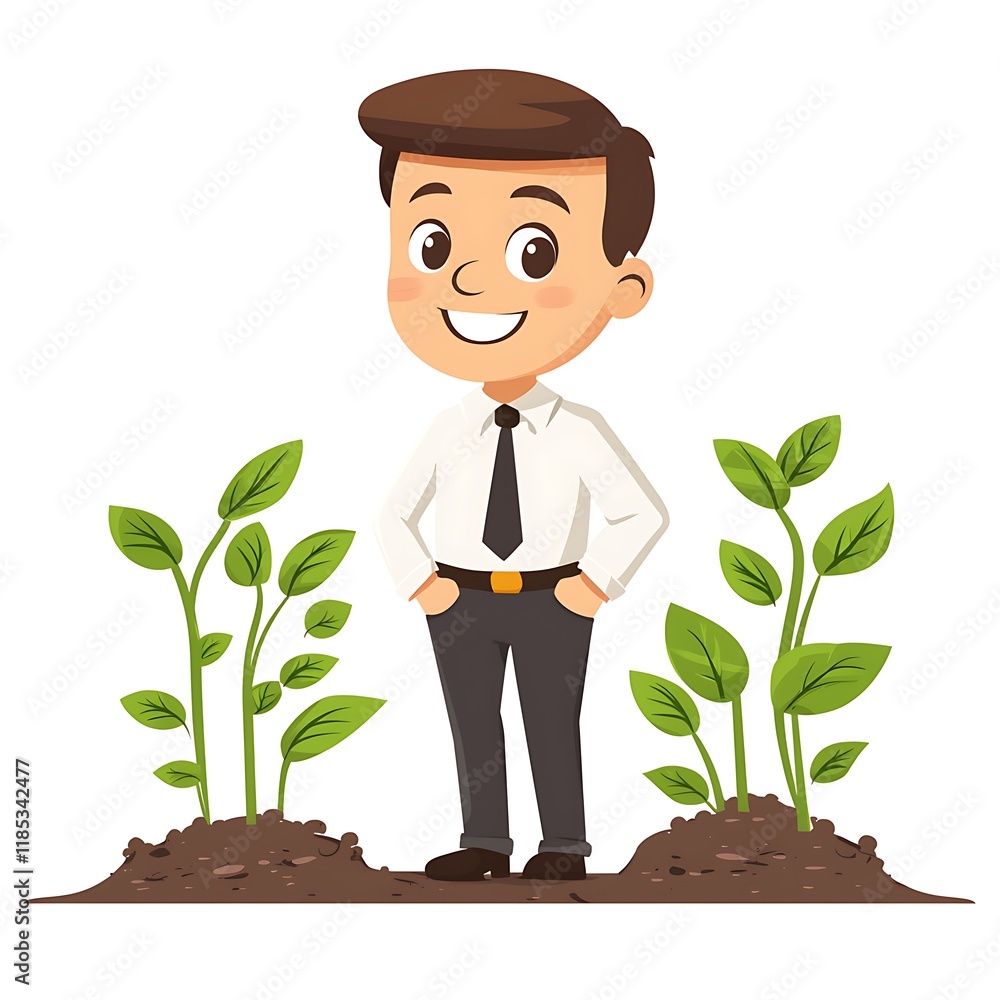 A cheerful businessman stands proudly beside thriving young plants, symbolizing growth and success. A cheerful businessman stands proudly beside thriving young plants, symbolizing growth and success.