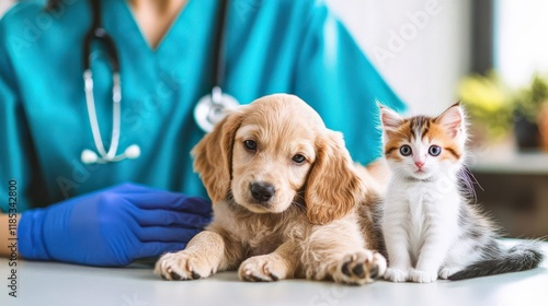 Vet with dog and cat. Puppy and kitten at doctor.