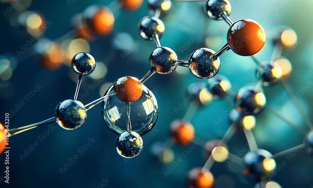 Abstract molecular structure with orange and silver spheres connected by thin rods, on a teal background.
