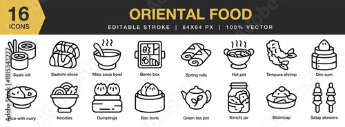 Oriental Food icon set. Editable Stroke Icon Collection. Includes ood, meal, oriental, dish, asian, cuisine, and More. Outline icons vector collection.