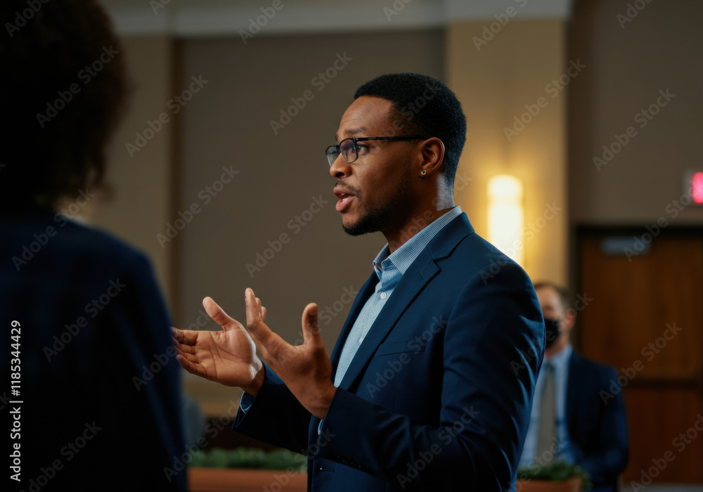 Confident Young Man in Suit Giving Presentation Confident Young Man in Suit Giving Presentation