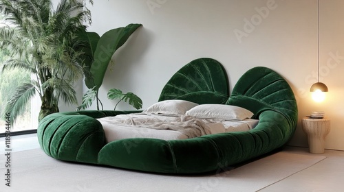 Luxurious Green Velvet Leaf Bed in Modern Bedroom photo