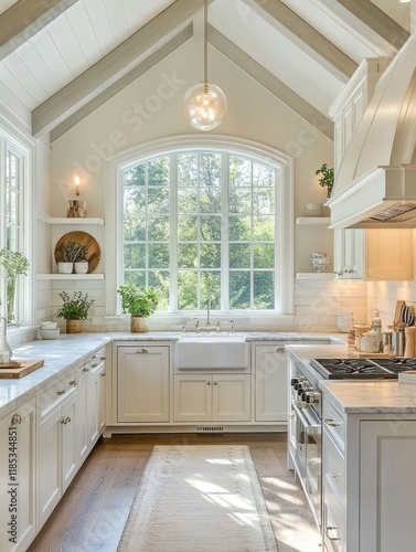Bright White Kitchen With Large Window and Vaulted Ceiling