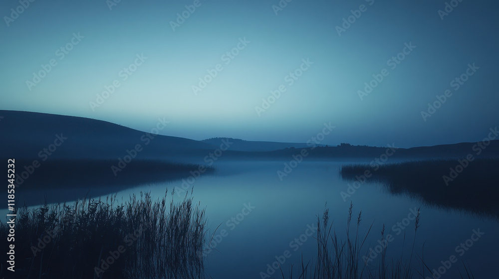 Fototapeta premium Tranquil Dusk on the Lake: A serene landscape photograph featuring a misty lake at dusk, with soft blue hues and silhouettes of hills in the background.
