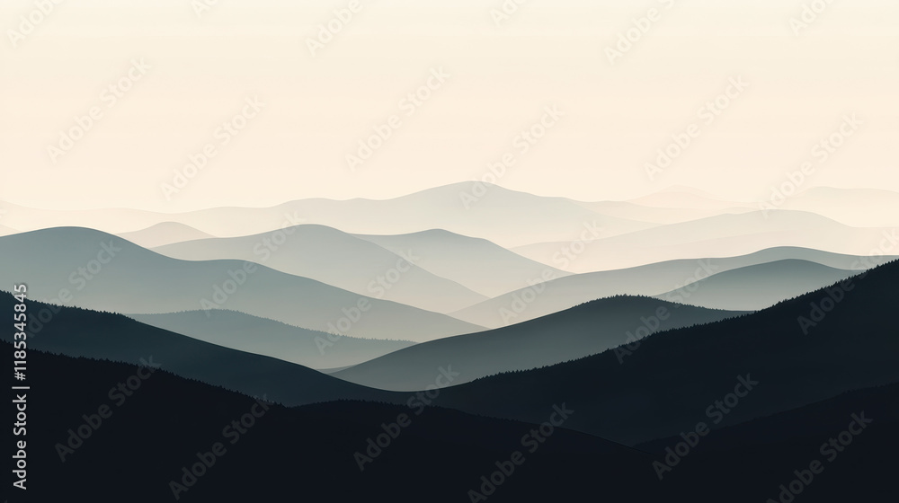 Serene Mountain Landscape: A minimalist and serene landscape of rolling hills bathed in soft light, capturing the tranquility and grandeur of nature. The mountains fade into the horizon. Serene Mountain Landscape: A minimalist and serene landscape of rolling hills bathed in soft light, capturing the tranquility and grandeur of nature. The mountains fade into the horizon.