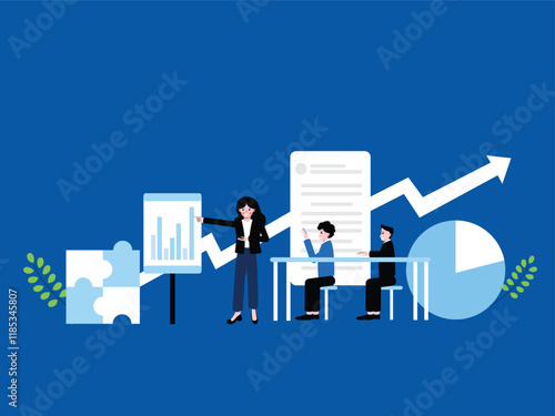 Business illustration concept. Business woman is in a meeting to present her analysis of the company in front of the company leaders and office staff. Vector Illustration