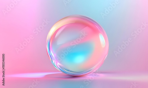 Iridescent glass sphere on pastel background.