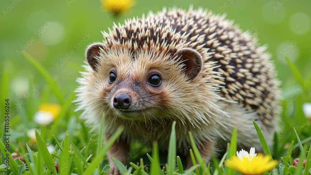Fototapeta premium A charming cream-hued hedgehog stands confidently in a lush green meadow, its dark brown eyes gazing directly left