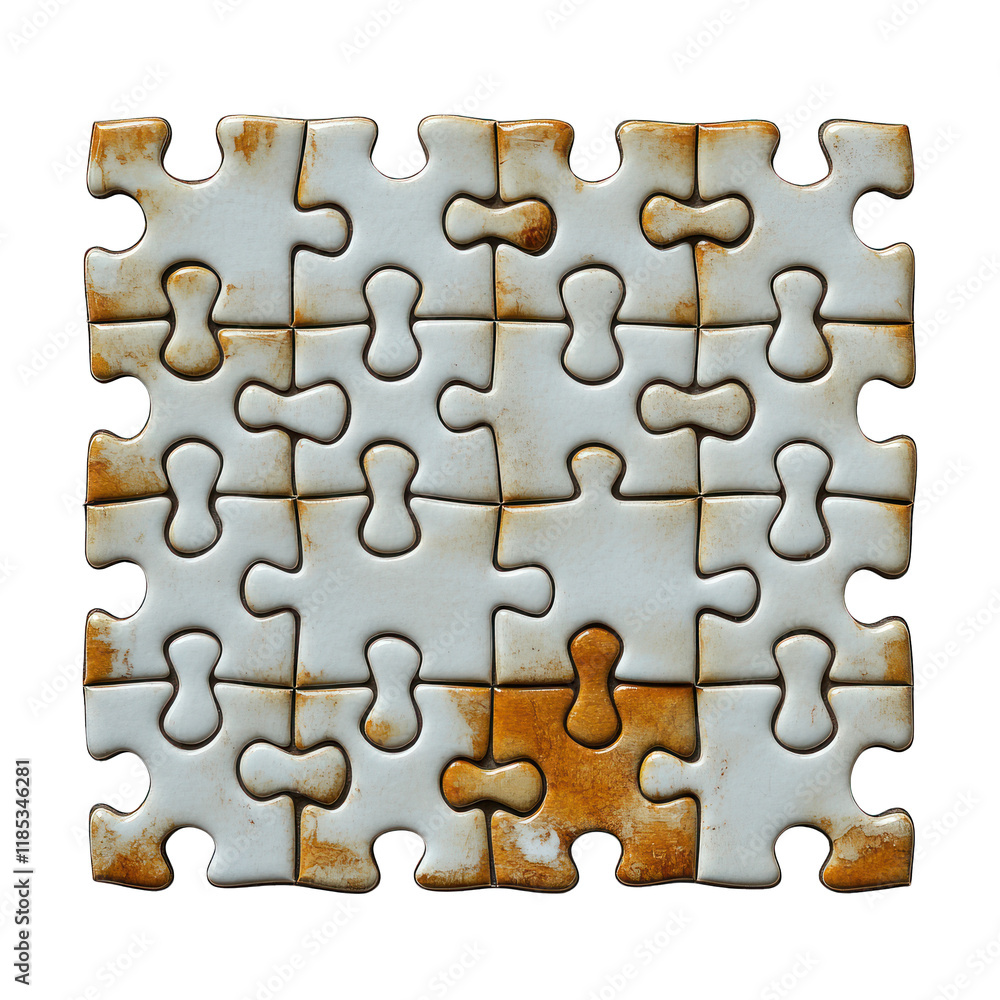 A collection of interlocking puzzle pieces with a worn appearance. A collection of interlocking puzzle pieces with a worn appearance.