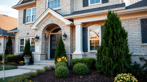Fototapeta Naklejka Na Ścianę i Meble -  Two-Story Brick House with Landscaping and Entrance