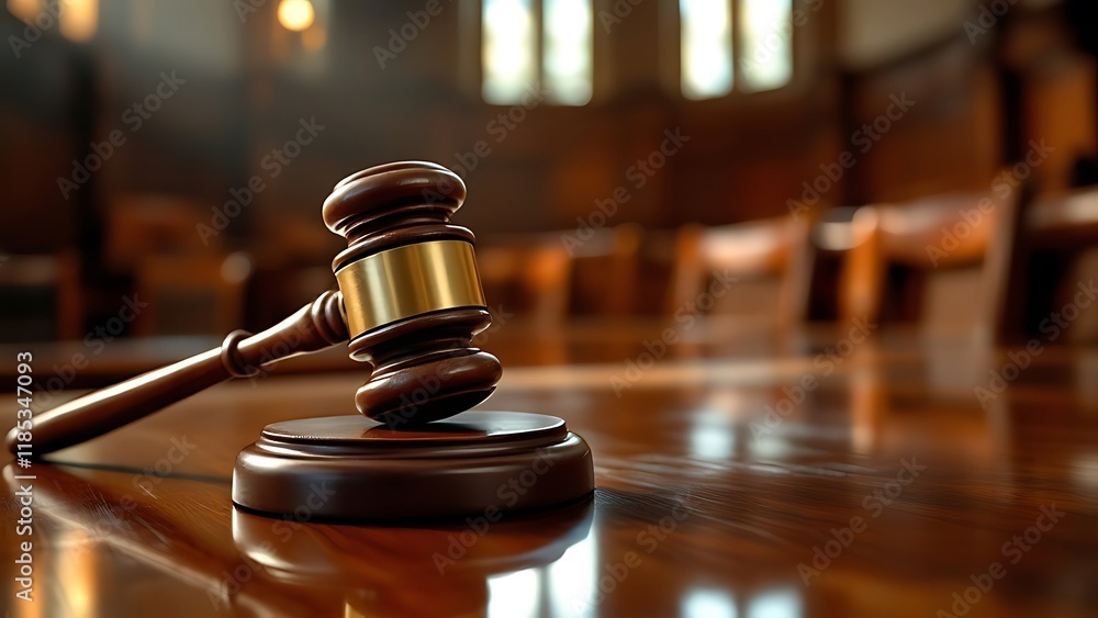 Gavel on a judge's bench in a courtroom with soft lighting. Gavel on a judge's bench in a courtroom with soft lighting.