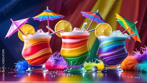 Colorful drinks, cocktails on the table, alcoholic drinks in rainbow flags for gays, LGBTQIA2S+ celebrations photo