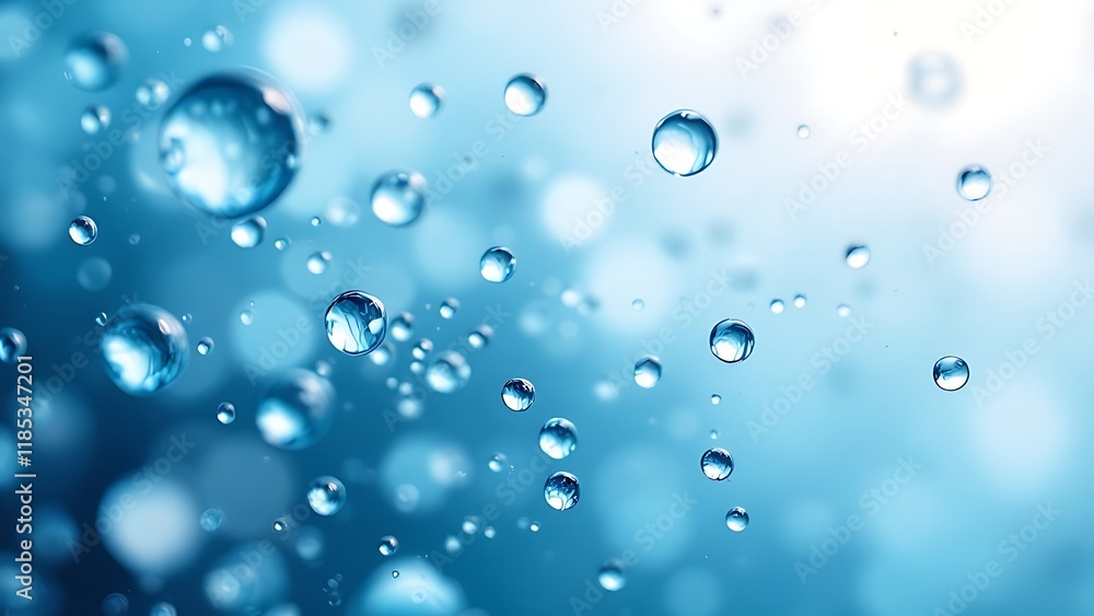 Close-up of water droplets suspended in clear blue liquid. Close-up of water droplets suspended in clear blue liquid.