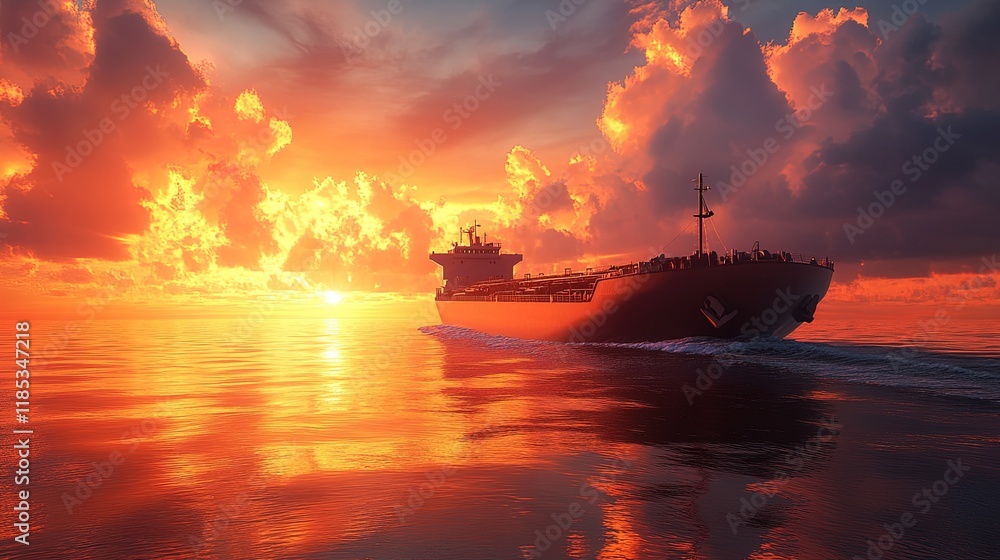Fototapeta premium A majestic cargo ship gliding through tranquil waters at sunset 