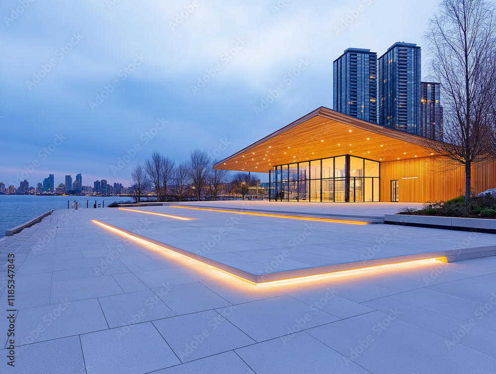 Obraz premium Waterfront Twilight Scene with Polished Concrete Structures