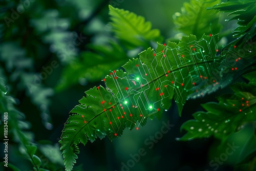 A fern leaf overlaid with a glowing green circuit board pattern. Nodes and connections symbolize biointegrated technology and natures interconnectedness. photo