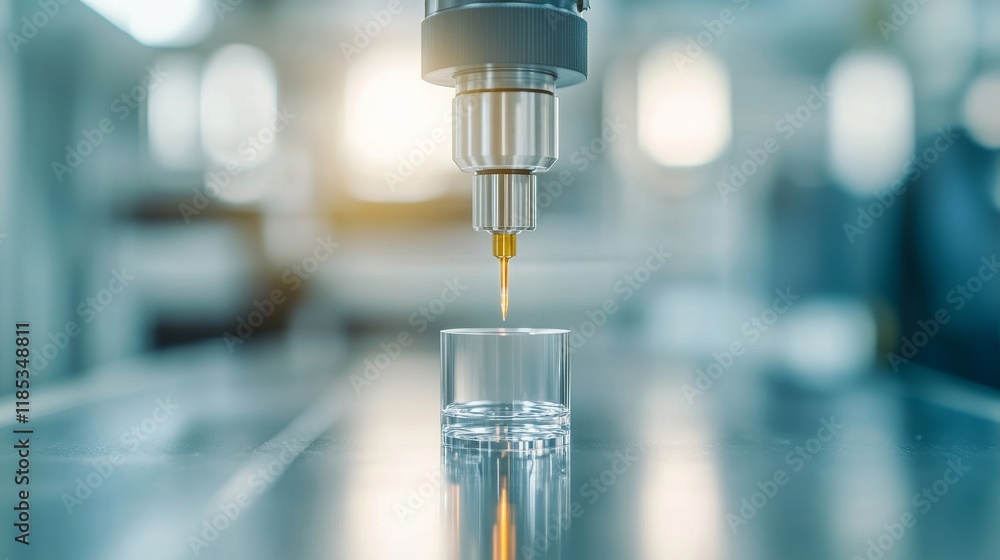 Precision Liquid Dispensing with Advanced Technology in a Laboratory Setting Showcasing a Nozzle Releasing Fluid into a Transparent Container, Highlighting Automation and Innovation Precision Liquid Dispensing with Advanced Technology in a Laboratory Setting Showcasing a Nozzle Releasing Fluid into a Transparent Container, Highlighting Automation and Innovation