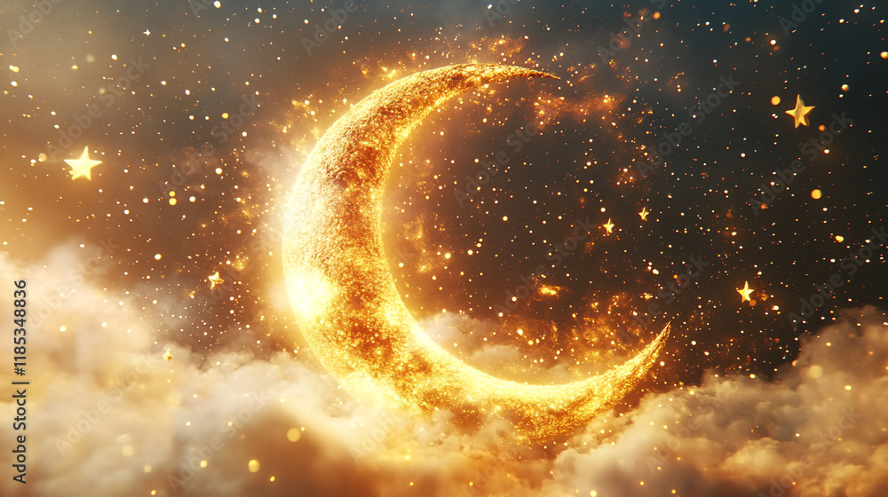 Beautiful crescent moon shining in the night sky during Ramadan festivities Beautiful crescent moon shining in the night sky during Ramadan festivities