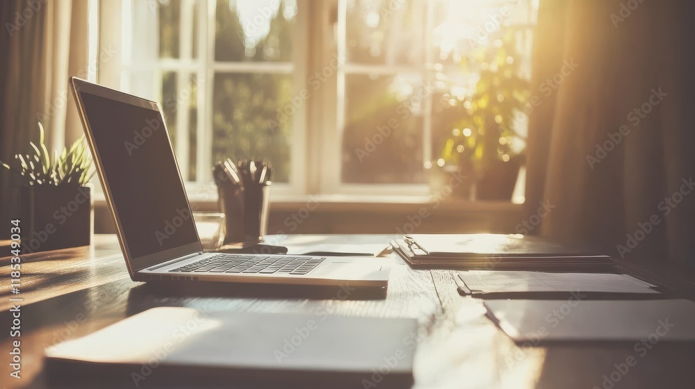 Fototapeta premium Professional Office Scene with Digital Devices and Light