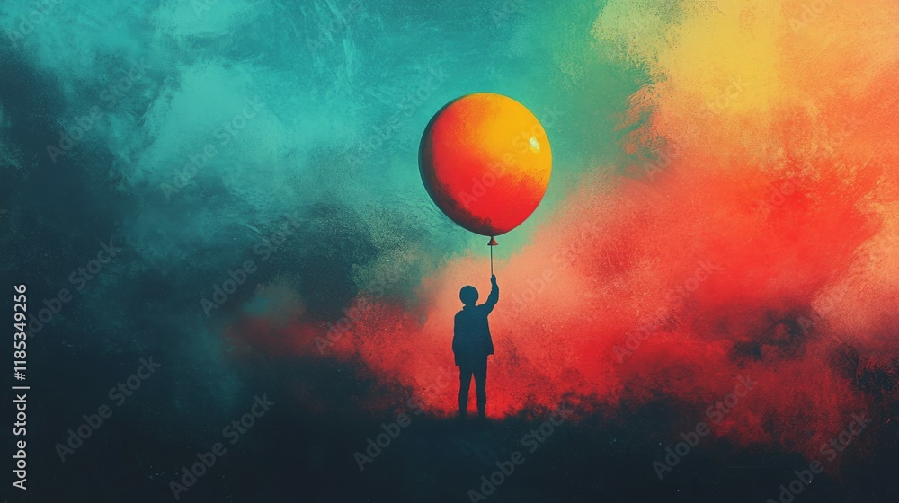 A child holds a large orange balloon against a vibrant, colorful sky. A child holds a large orange balloon against a vibrant, colorful sky.