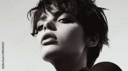 Close-up portrait of a woman with short hair, black and white photography