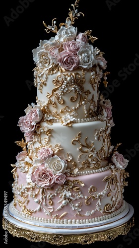 Elegant Gold and Pink Floral Wedding Cake Illustration photo