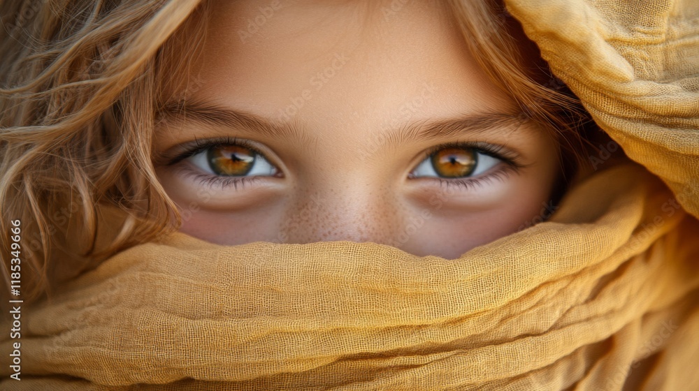 Fototapeta premium Mysterious Gaze of a Young Woman Partially Hidden by a Golden Scarf