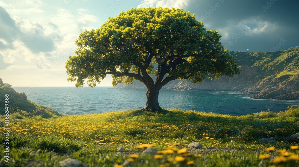 Solitary Tree by the Ocean: A Serene Coastal Landscape Solitary Tree by the Ocean: A Serene Coastal Landscape
