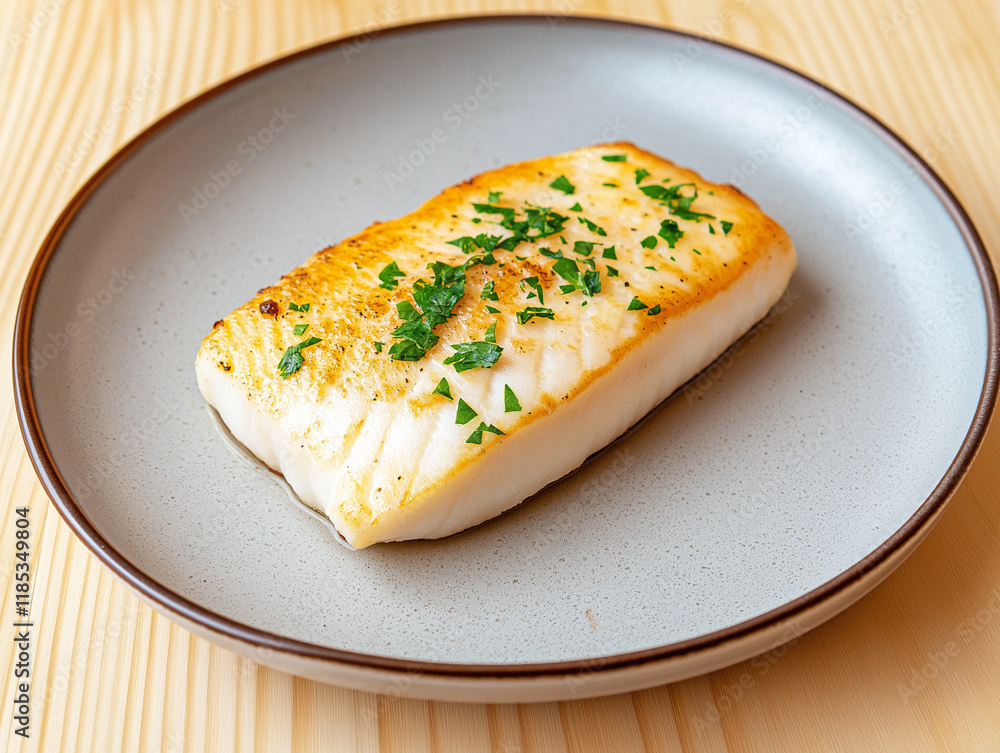 Poached Perch Fillet with Parsley on a Glazed Ceramic Plate Poached Perch Fillet with Parsley on a Glazed Ceramic Plate