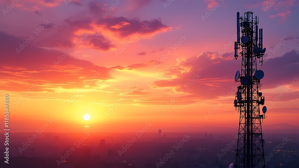 Naklejka premium Communication tower against a stunning sunset sky.