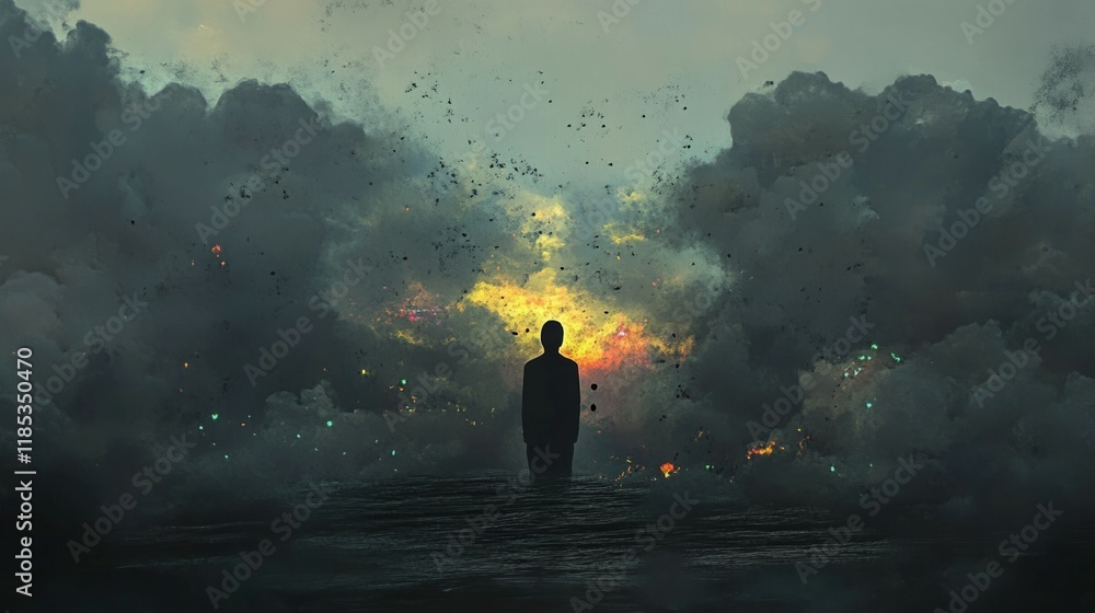 Silhouette of a person standing before a dramatic, colorful sky. Silhouette of a person standing before a dramatic, colorful sky.