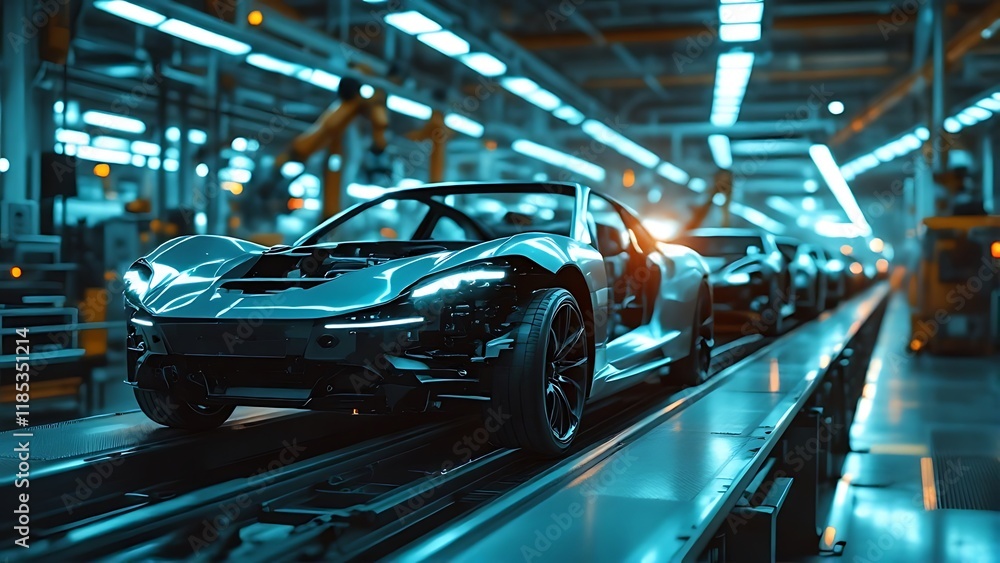 Car frame in an automotive factory on an assembly line. Car frame in an automotive factory on an assembly line.
