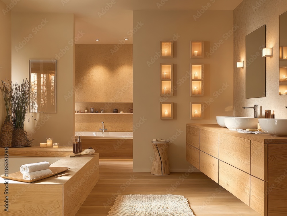 Luxurious Modern Bathroom With Wooden Accents And Candles Luxurious Modern Bathroom With Wooden Accents And Candles