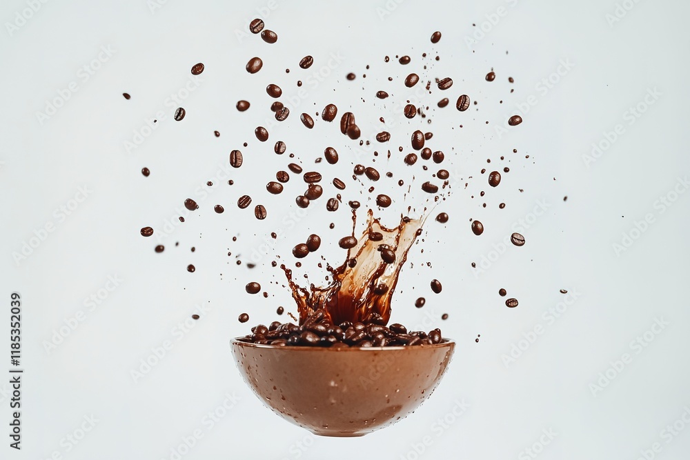 Fototapeta premium Dynamic Splash of Coffee Beans and Liquid in a Glass Bowl