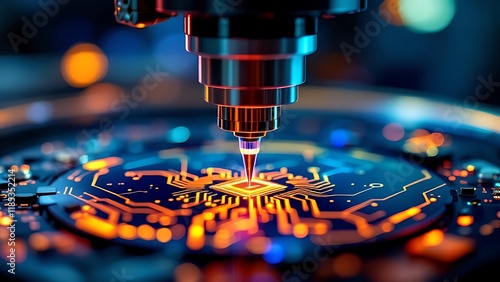 Extreme ultraviolet lithography (EUV) process in AI chip manufacturing, showing a silicon wafer being etched with precise patterns, with high-tech EUV machinery and laser beams in the background.