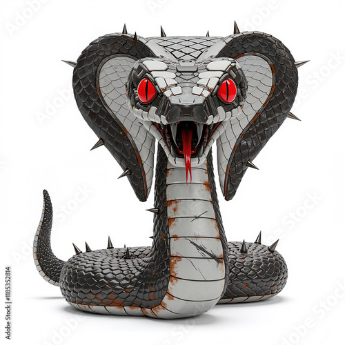 Rusty retro futuristic metal robot cobra snake with red eyes, scratches and visible sign of wear and tear damage - isolated on white background