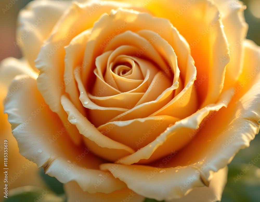 Golden Rose Close-Up: Dew-Kissed Petals in Warm Sunlight