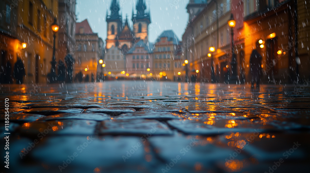 Naklejka premium Nostalgic View of Historic Town Square in Heavy Rainstorm with Cobblestone Streets