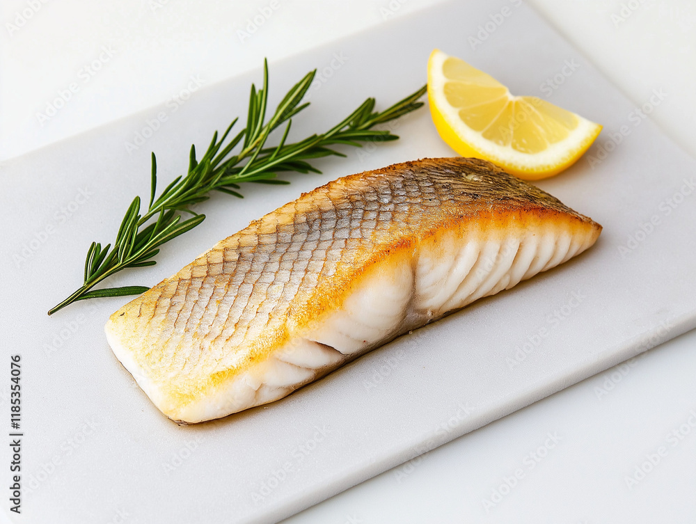 Seared Barramundi with Lemon Herbs on a Polished Plate Seared Barramundi with Lemon Herbs on a Polished Plate